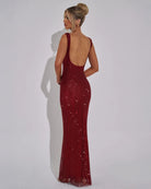 Celeste Women's Maxi Dress | Sequin Embellished, Bold Red Evening Gown 1