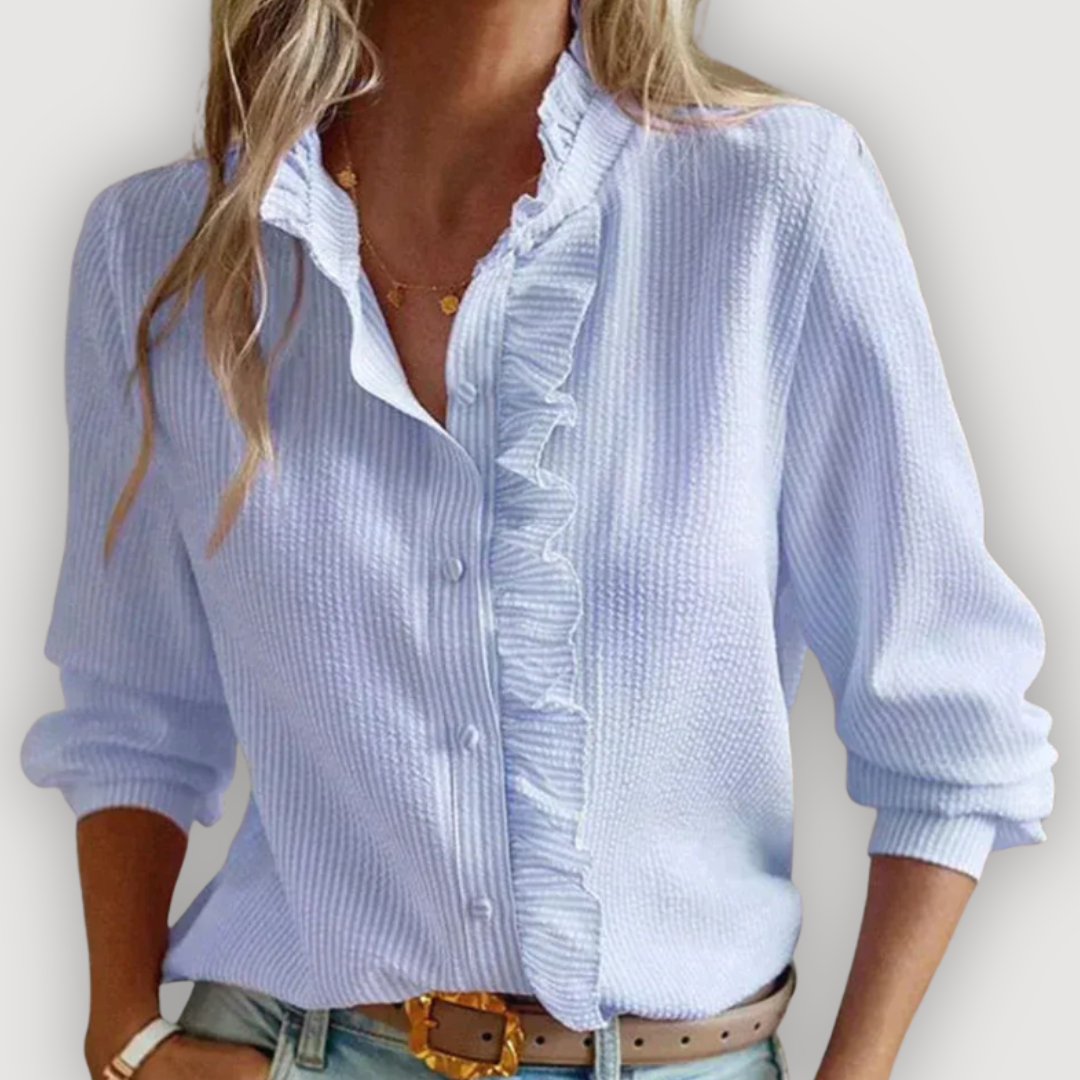 Cleo Women's Blouse | Lightweight Fabric, Ruffle Trim, Vertical Stripes 0