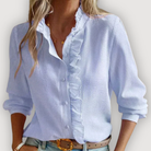 Cleo Women's Blouse | Lightweight Fabric, Ruffle Trim, Vertical Stripes 0