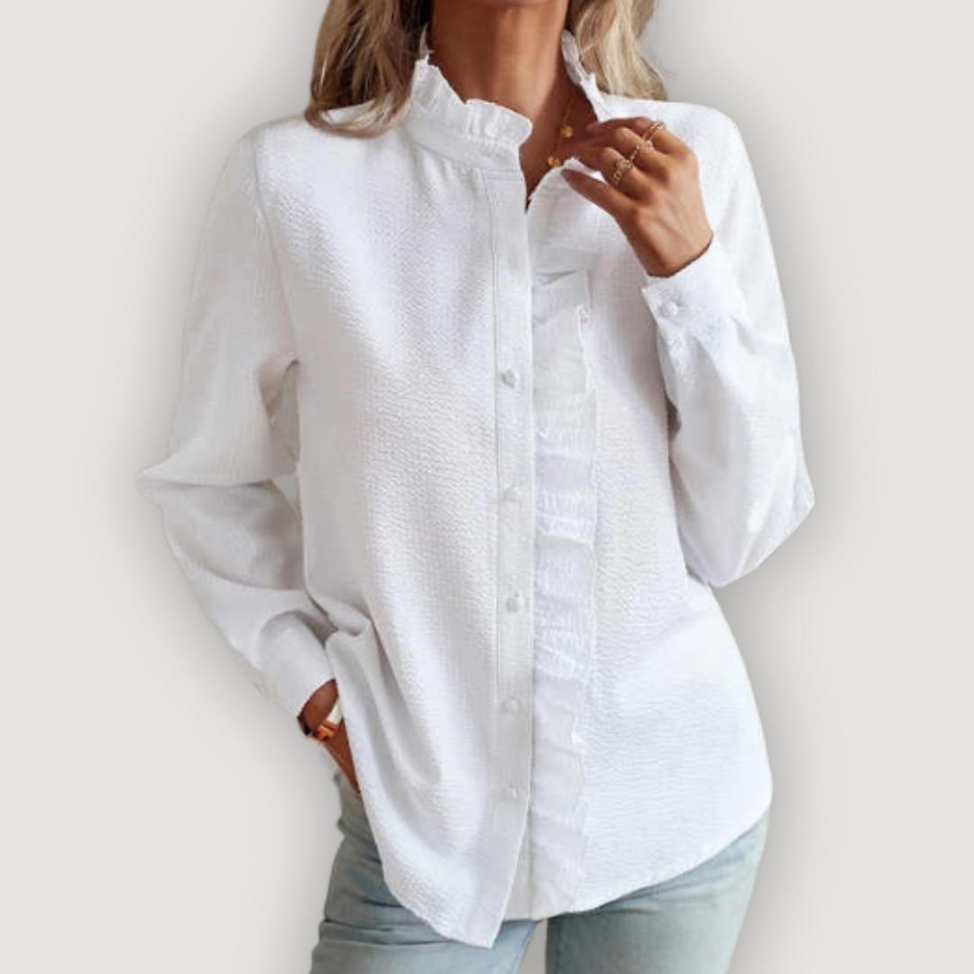 Cleo Women's Blouse | Lightweight Fabric, Ruffle Trim, Vertical Stripes 2