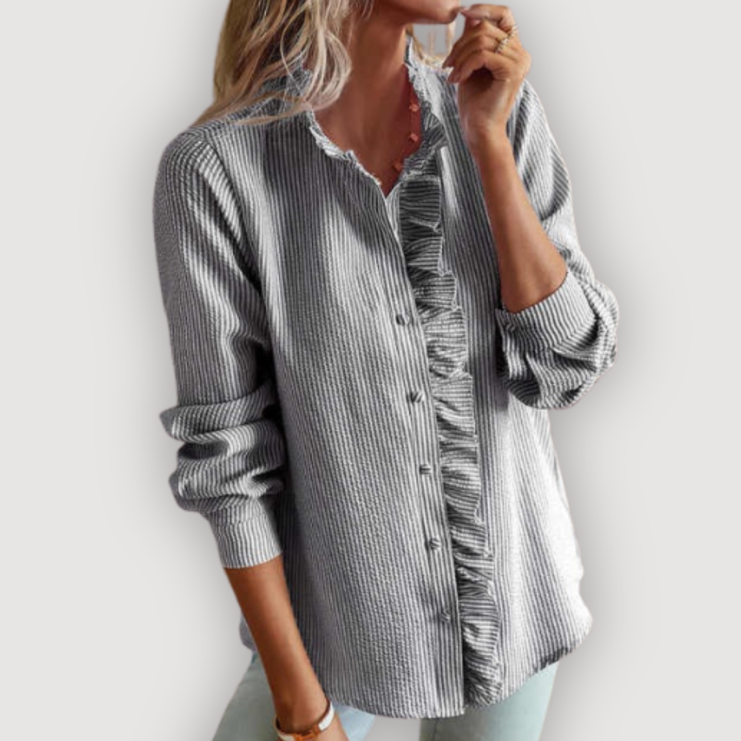 Cleo Women's Blouse | Lightweight Fabric, Ruffle Trim, Vertical Stripes 4