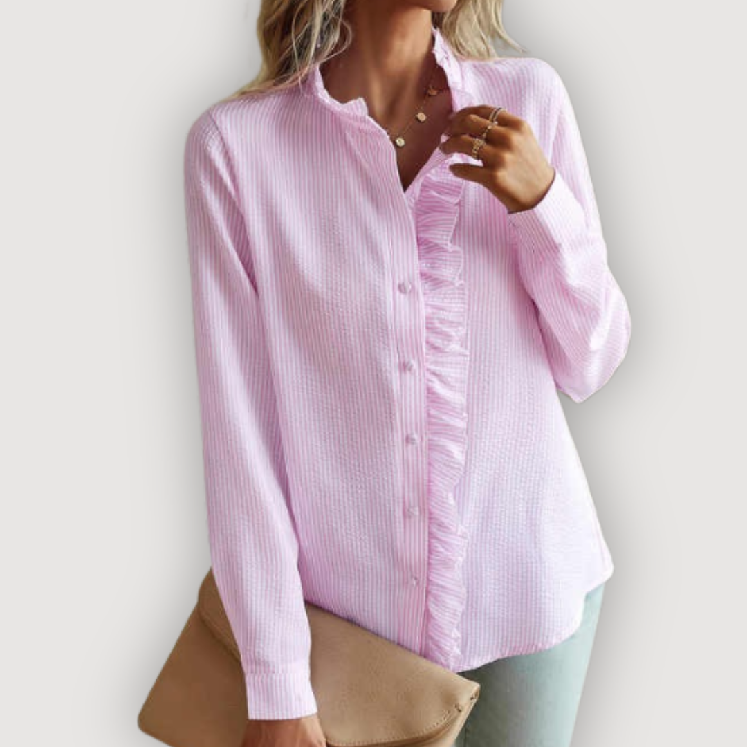 Cleo Women's Blouse | Lightweight Fabric, Ruffle Trim, Vertical Stripes 6
