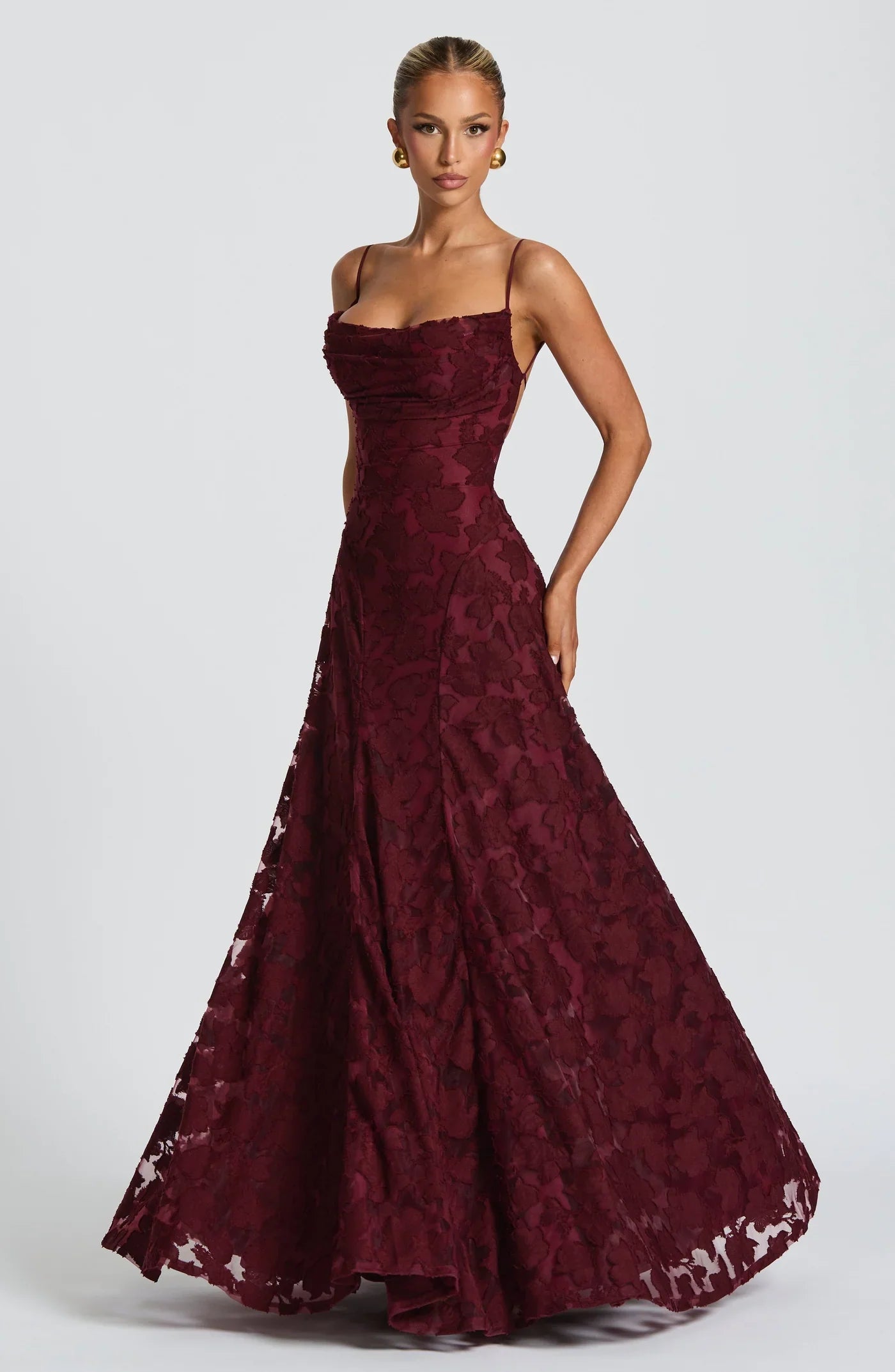 Diana Women's Evening Dress | Deep Burgundy Jacquard, Elegant Flowing Skirt 0
