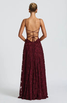 Diana Women's Evening Dress | Deep Burgundy Jacquard, Elegant Flowing Skirt 3