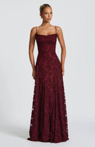 Diana Women's Evening Dress | Deep Burgundy Jacquard, Elegant Flowing Skirt 5