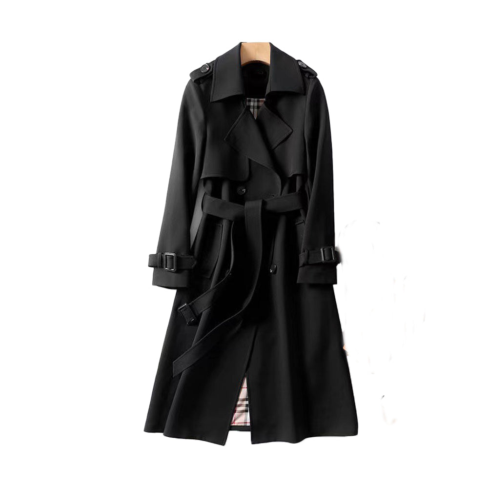Evelyn Women's Black Trench Coat | Double-Breasted, Adjustable Belt 1