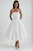 Evelyn Women's Dress | Elegant White Midi Cocktail Dress with Halter Neckline 0