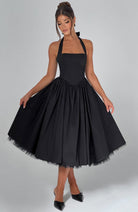 Evelyn Women's Dress | Elegant White Midi Cocktail Dress with Halter Neckline 1