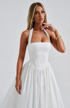 Evelyn Women's Dress | Elegant White Midi Cocktail Dress with Halter Neckline 5