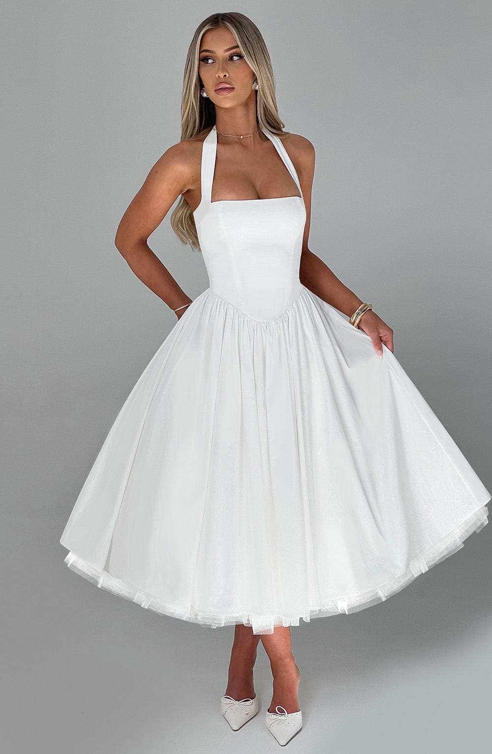 Evelyn Women's Dress | Elegant White Midi Cocktail Dress with Halter Neckline 6