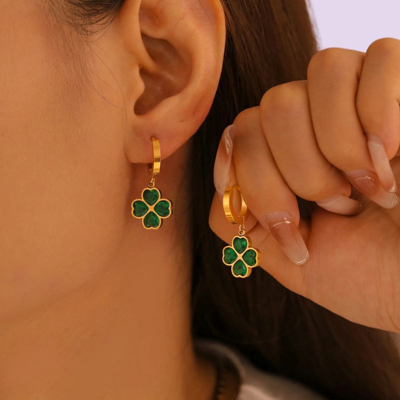 Evelyn Women's Earrings | Gold Clover Design with Emerald Stones 2