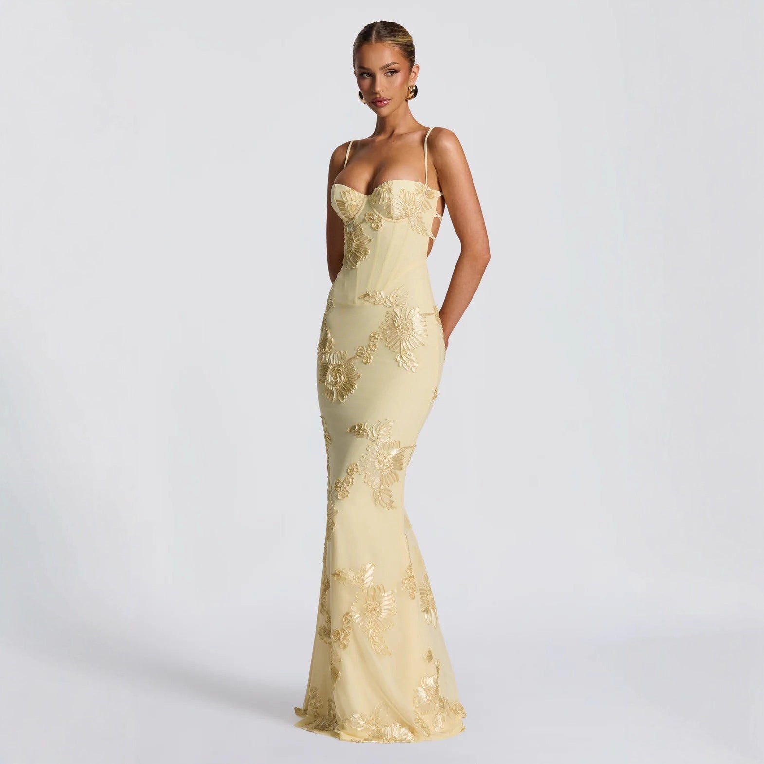 Evelyn Women's Maxi Dress | Floral Embellishments, Spaghetti Straps 0