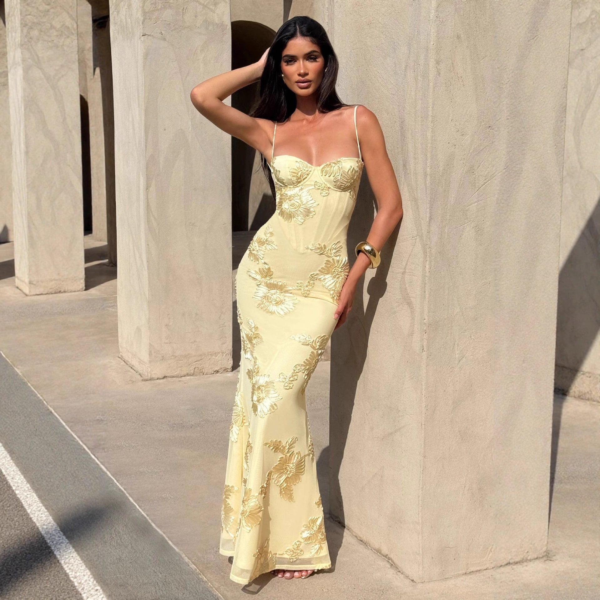 Evelyn Women's Maxi Dress | Floral Embellishments, Spaghetti Straps 2