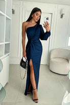 Evelyn Women's Maxi Dress | Satin One-Shoulder, Elegant Cocktail Gown 14