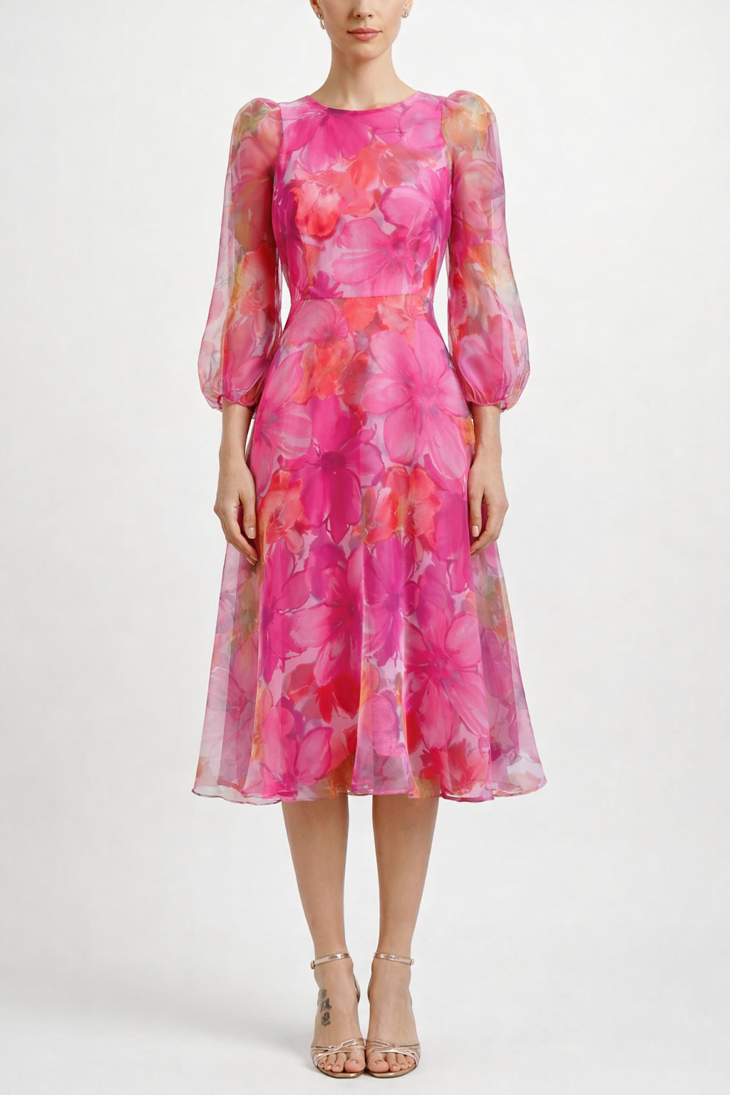 Fiona Women's Floral Midi Dress | A-Line Silhouette, Long Puff Sleeves 0