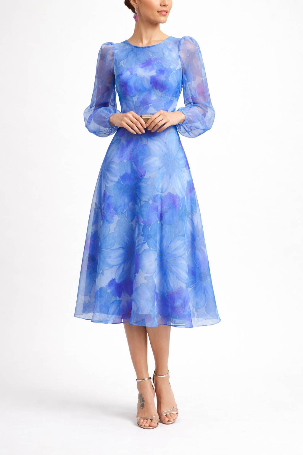 Fiona Women's Floral Midi Dress | A-Line Silhouette, Long Puff Sleeves 2