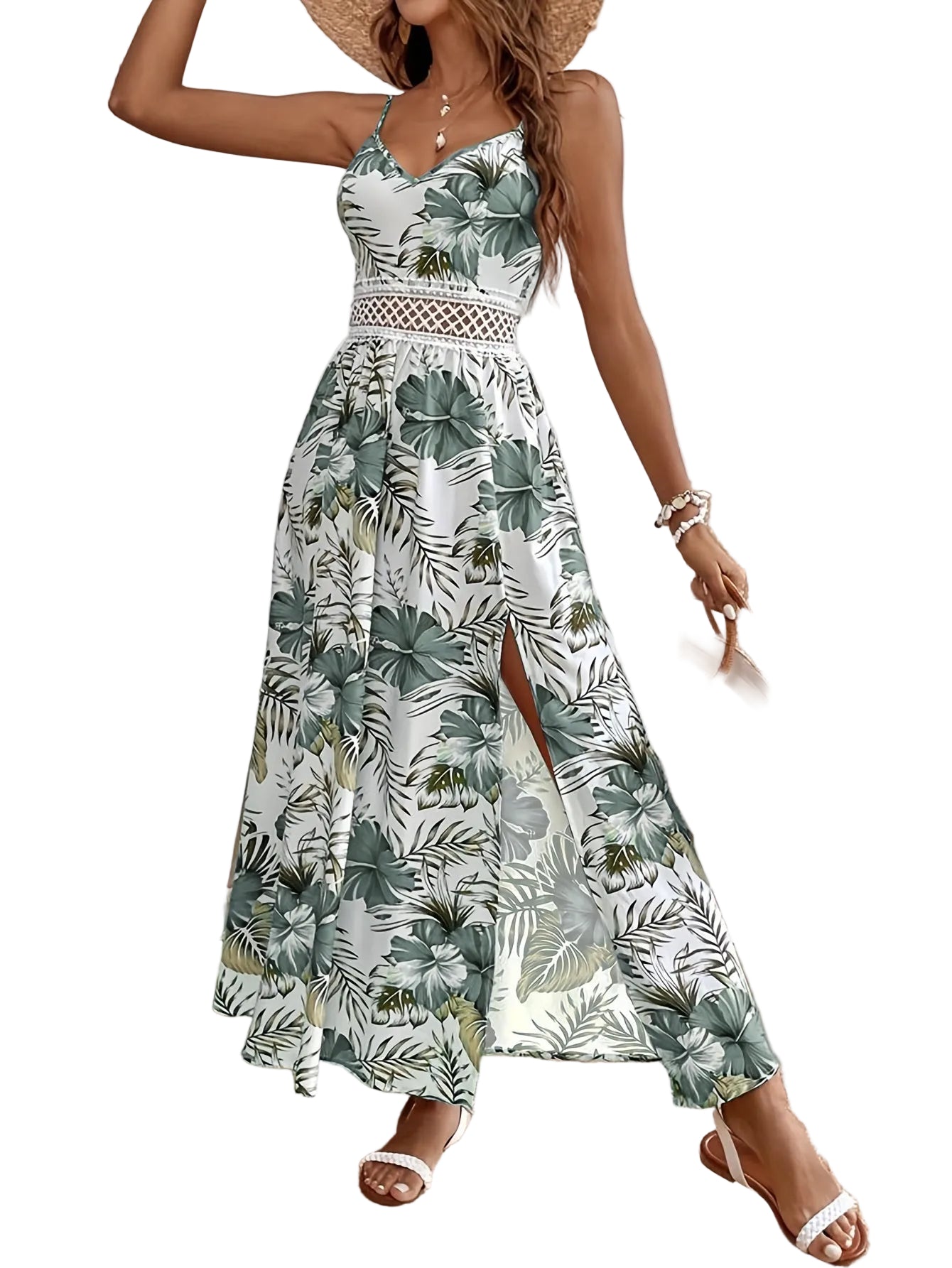 Fiona Women's Maxi Dress | Floral Print, Spaghetti Straps, High Slit 1
