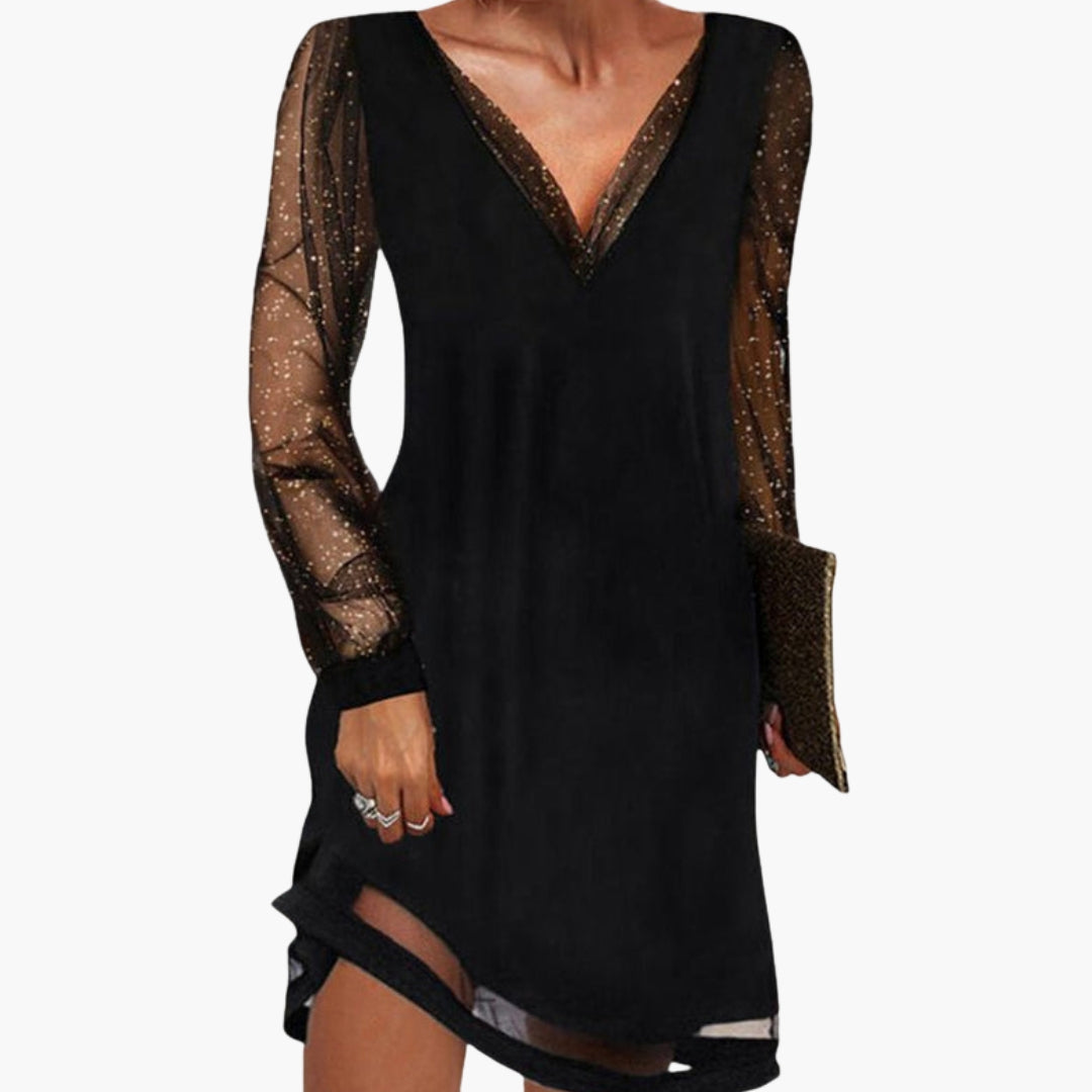 Gina Women's Cocktail Dress | Sequined Sleeves, Plunging Neckline 0