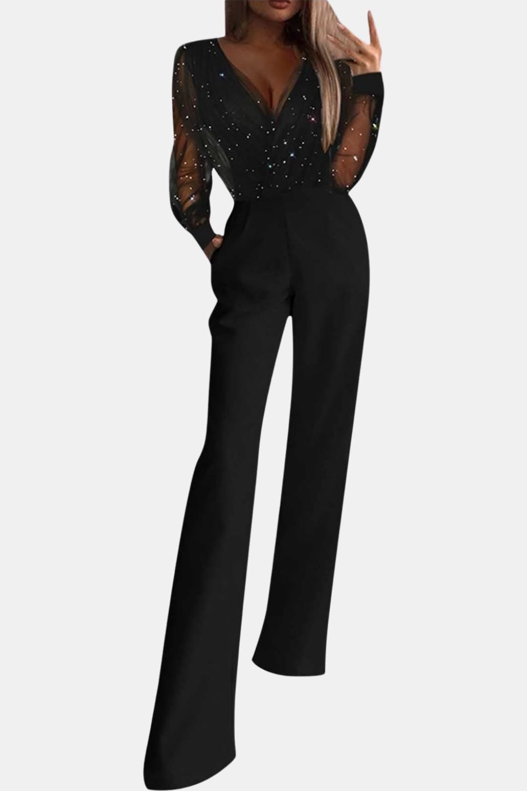Ivy Women's Black Jumpsuit | Elegant Glitter Top, Straight-Leg Design 1