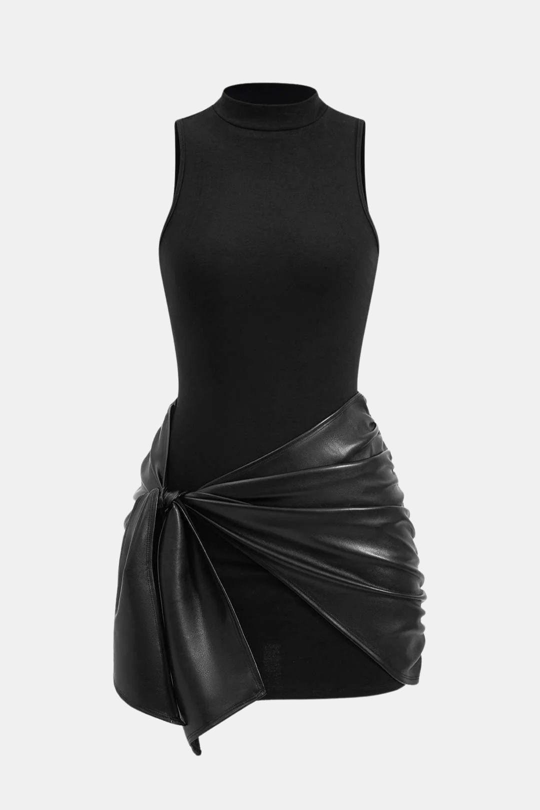 Izza Women's Black Mini Dress | Faux Leather Tie Detail, Cocktail Party 0
