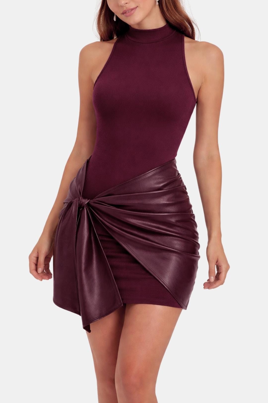 Izza Women's Black Mini Dress | Faux Leather Tie Detail, Cocktail Party 6
