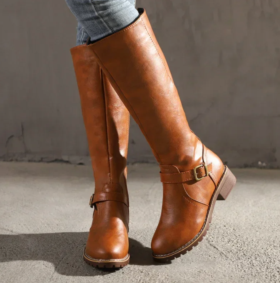 Kara Women's Knee High Boots | Synthetic Leather, Buckle Strap, Low Block Heel 0