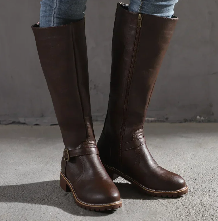 Kara Women's Knee High Boots | Synthetic Leather, Buckle Strap, Low Block Heel 3