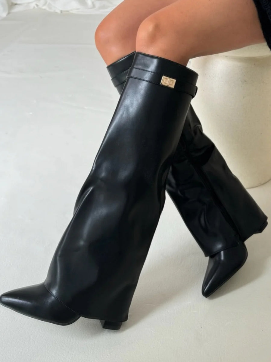 Kira Women's Knee High Boots | Wide Flare Top, Block Heel 10