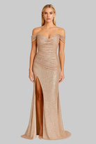Lina Women's Maxi Dress | Shimmering Rose Gold, Off-Shoulder Elegant Design 1