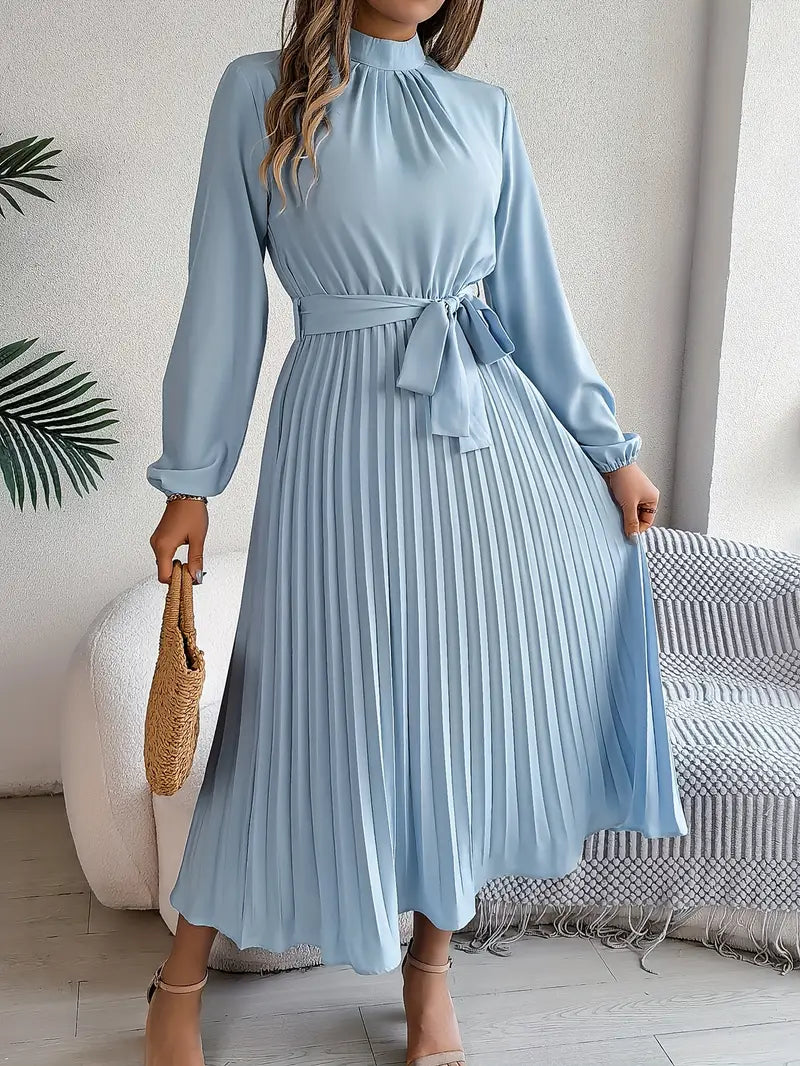 Lina Women's Midi Dress | Pleated Design with Belted Waist, Elegant Cocktail Dress 0