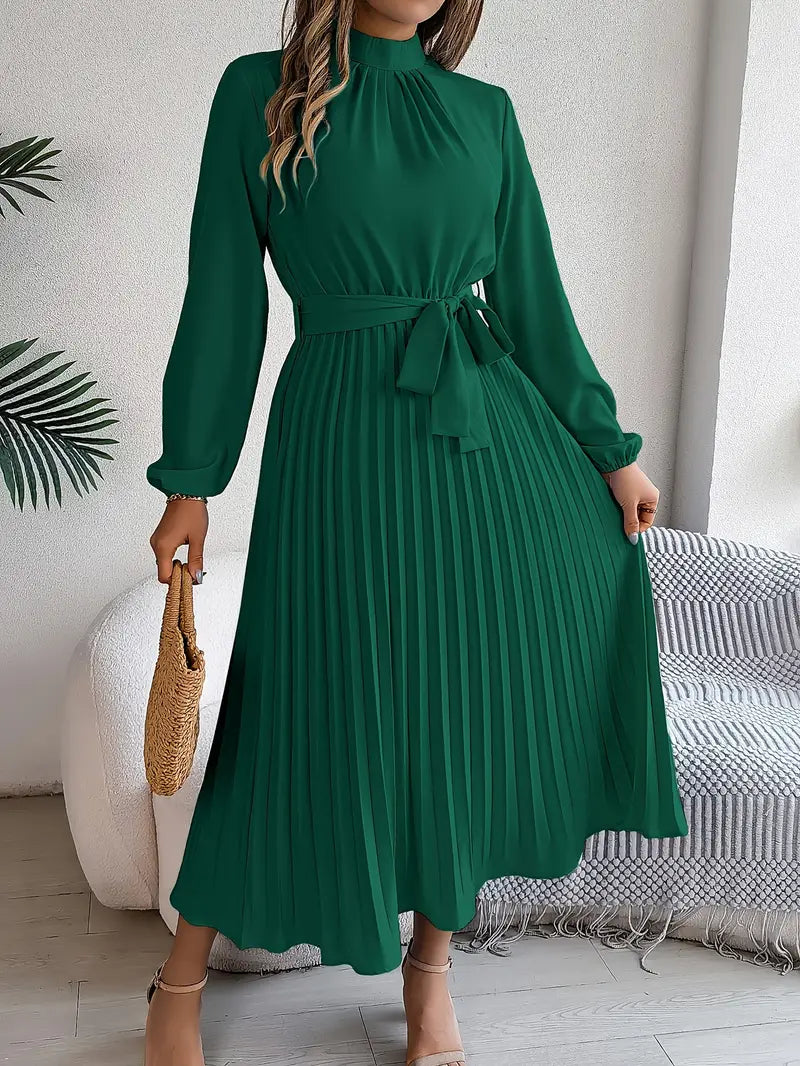 Lina Women's Midi Dress | Pleated Design with Belted Waist, Elegant Cocktail Dress 2