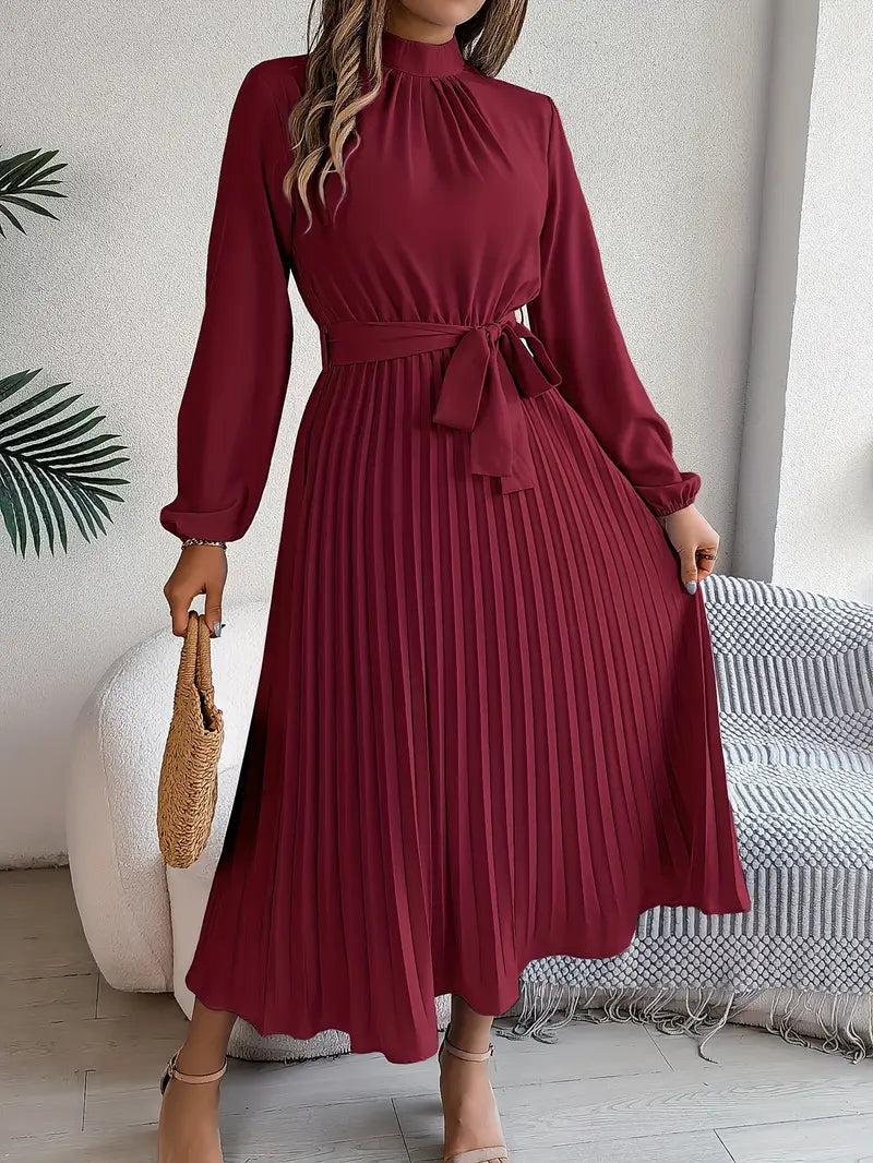 Lina Women's Midi Dress | Pleated Design with Belted Waist, Elegant Cocktail Dress 4