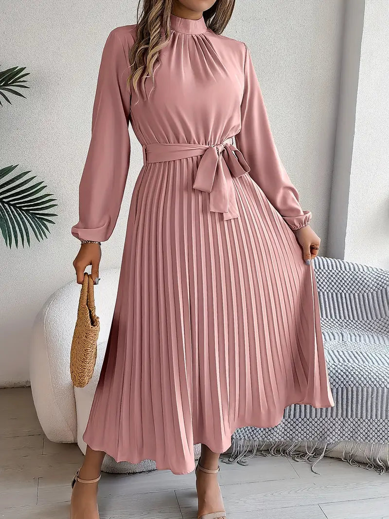 Lina Women's Midi Dress | Pleated Design with Belted Waist, Elegant Cocktail Dress 6