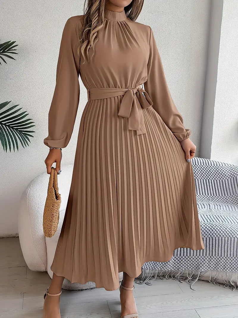 Lina Women's Midi Dress | Pleated Design with Belted Waist, Elegant Cocktail Dress 8