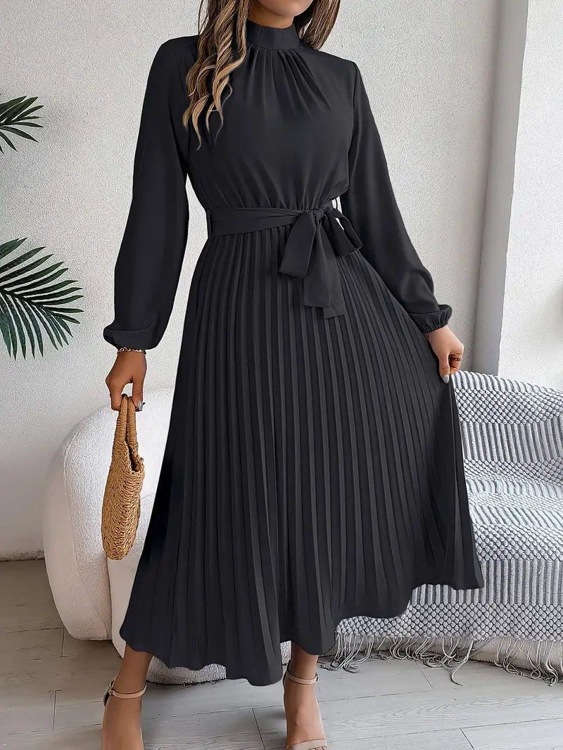 Lina Women's Midi Dress | Pleated Design with Belted Waist, Elegant Cocktail Dress 9