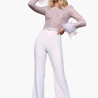 Luna Women's Jumpsuit | Sequin Top with Feather Trim, Flared Pants 4