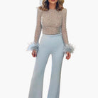 Luna Women's Jumpsuit | Sequin Top with Feather Trim, Flared Pants 5