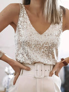 Luna Women's Sequin Tank Top | Sleeveless V-Neck, Going Out Top 0