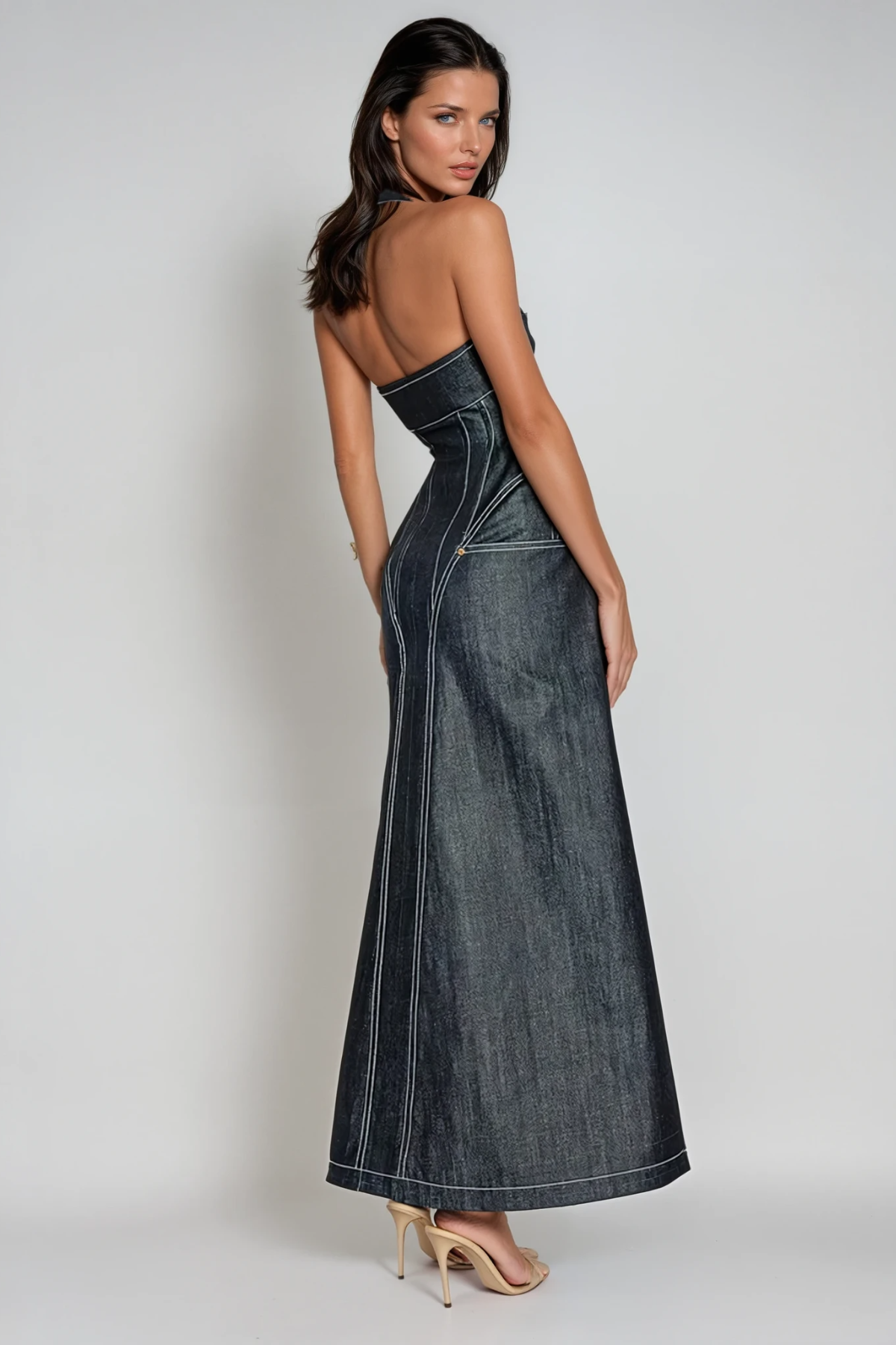Maren Women's Maxi Dress | Soft Denim, Elegant Halter Neckline 4