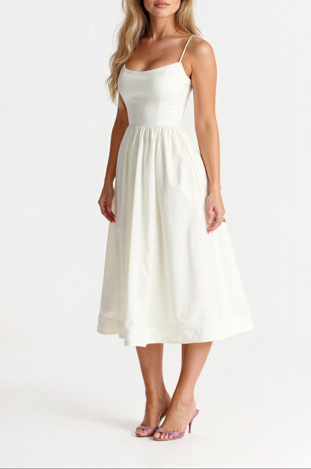 Mira Women's A-Line Midi Dress | Spaghetti Straps, Elegant Flow 0