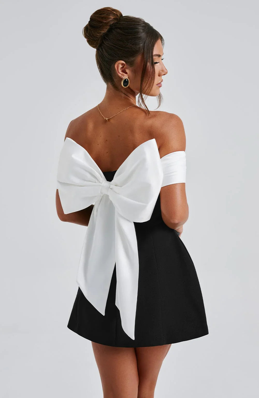 Nina Women's Mini Dress | Bardot Neckline with Bow Detail, Evening Wear 0