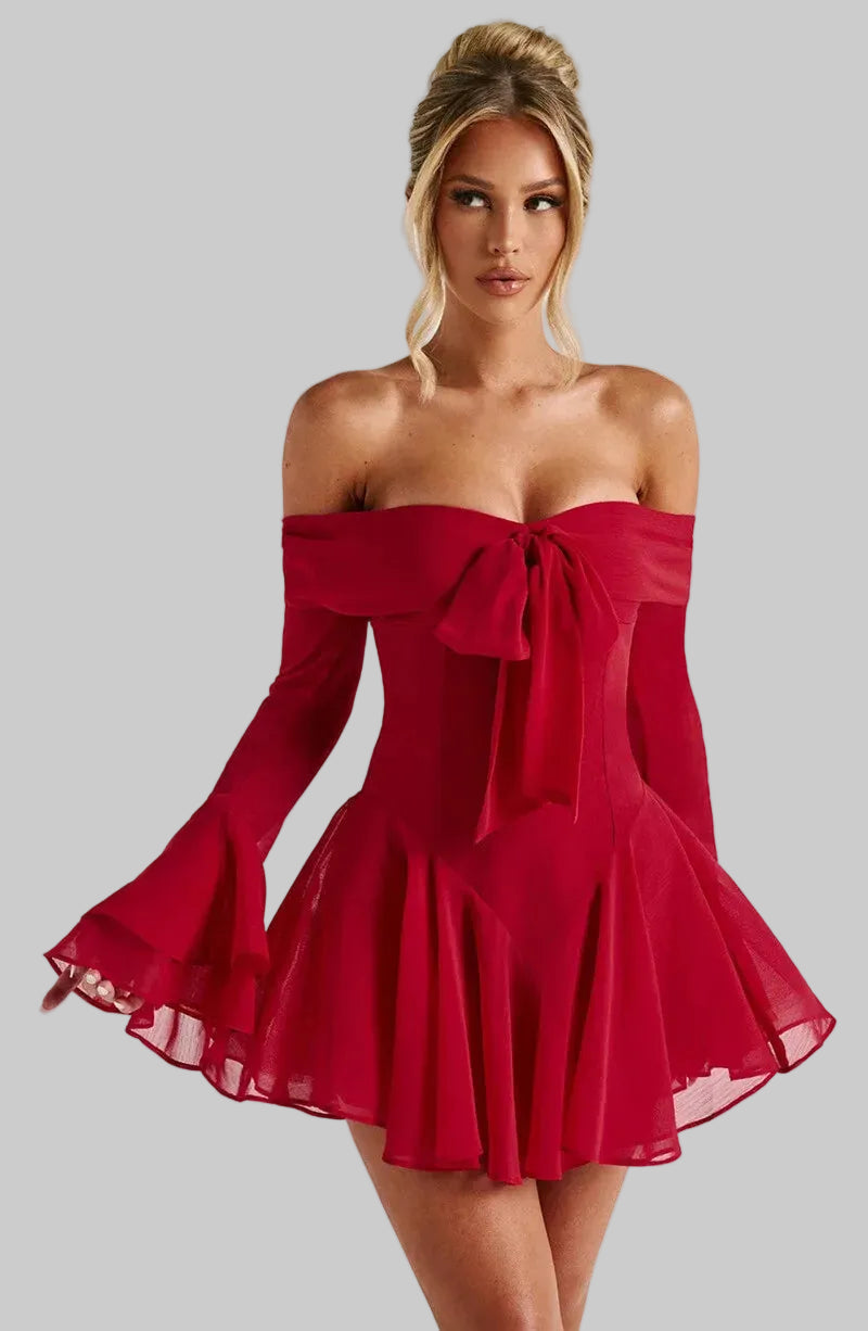 Olivia Women's Dress | Off-Shoulder A-Line Mini with Tie Front, Lightweight Fabric 0
