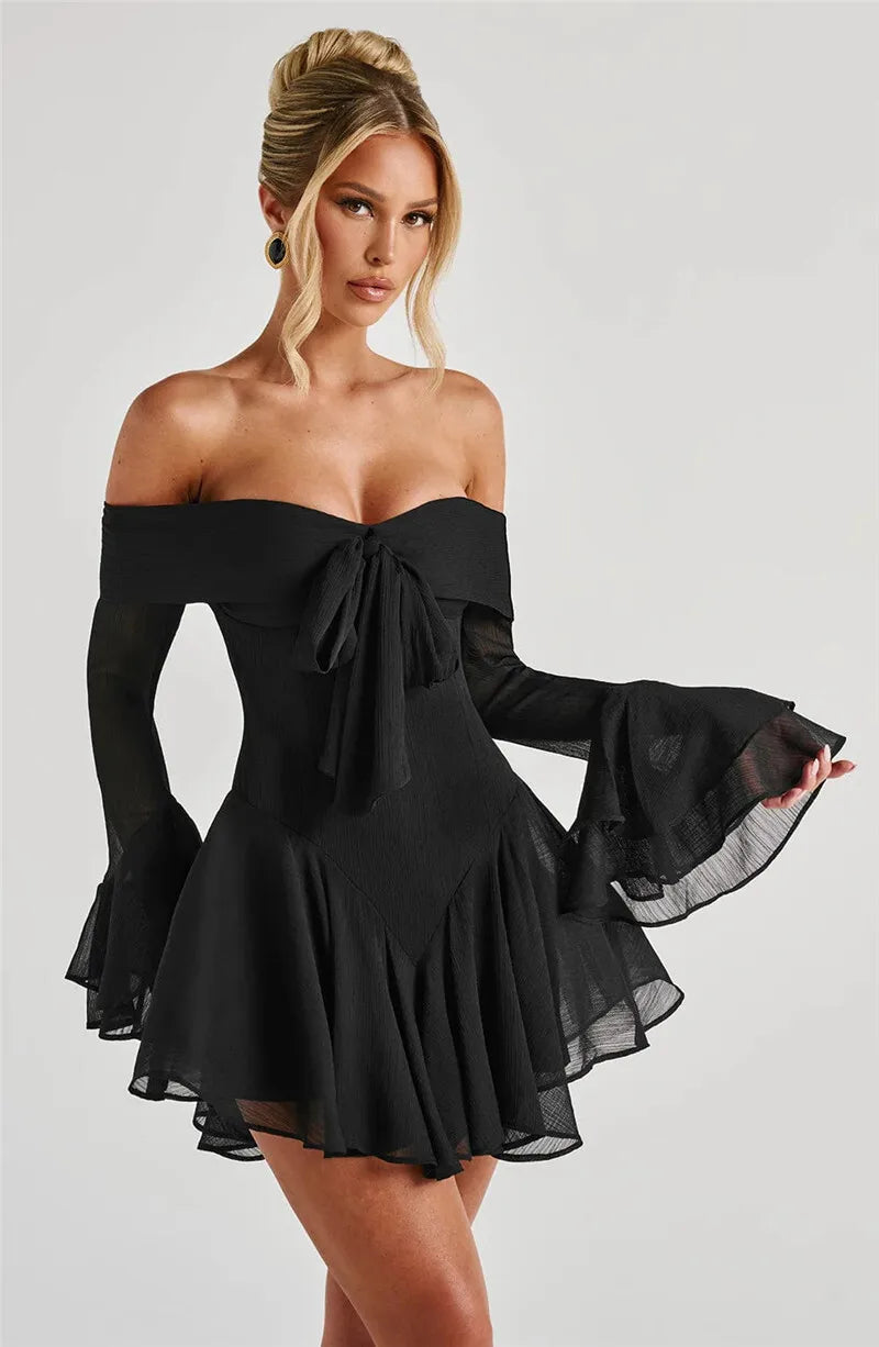 Olivia Women's Dress | Off-Shoulder A-Line Mini with Tie Front, Lightweight Fabric 2