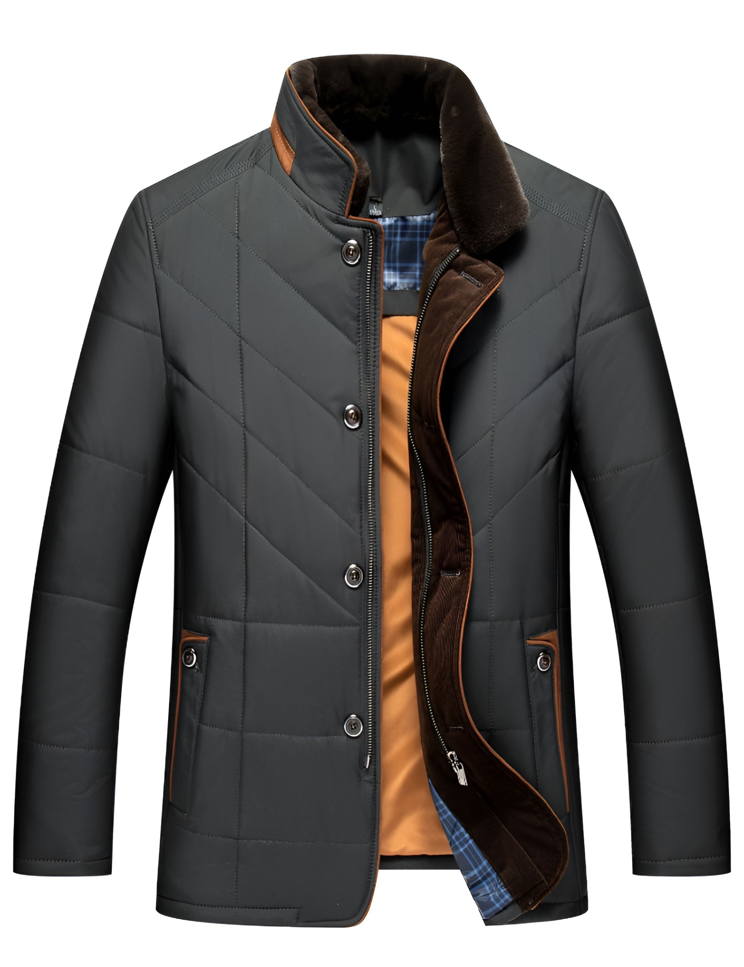Quilted Men's Winter Jacket | Stylish Design with Button and Zip Closure 1