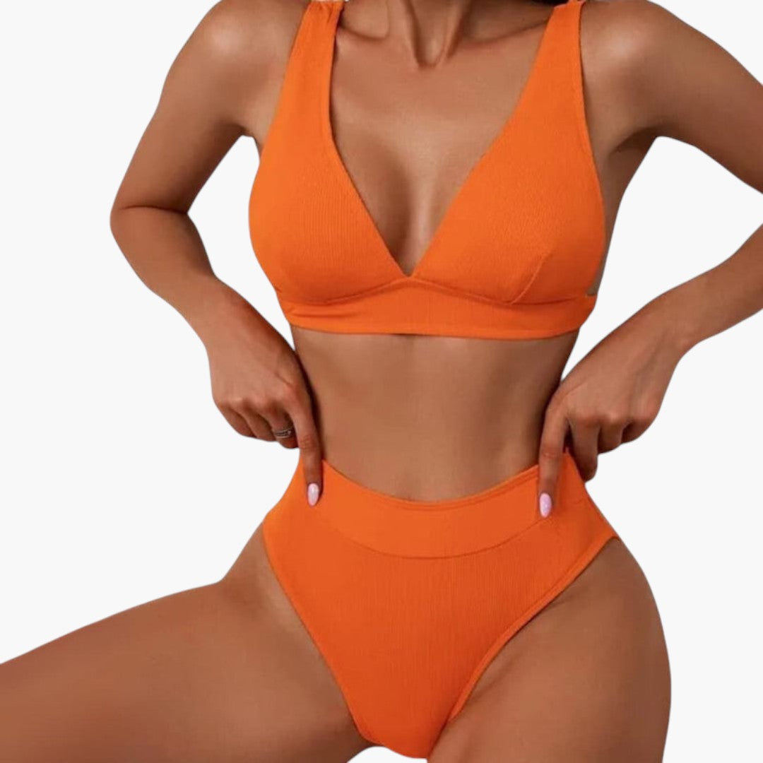Rina Women's High Waisted Bikini Set | Ribbed V-Neck Top with Wide Straps 0
