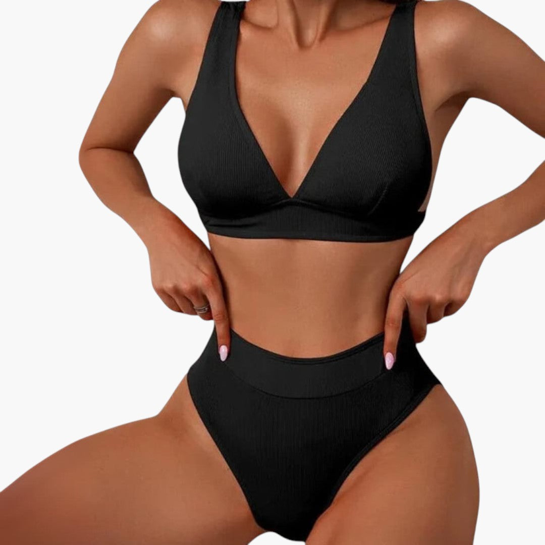 Rina Women's High Waisted Bikini Set | Ribbed V-Neck Top with Wide Straps 1