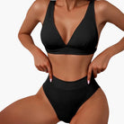 Rina Women's High Waisted Bikini Set | Ribbed V-Neck Top with Wide Straps 1