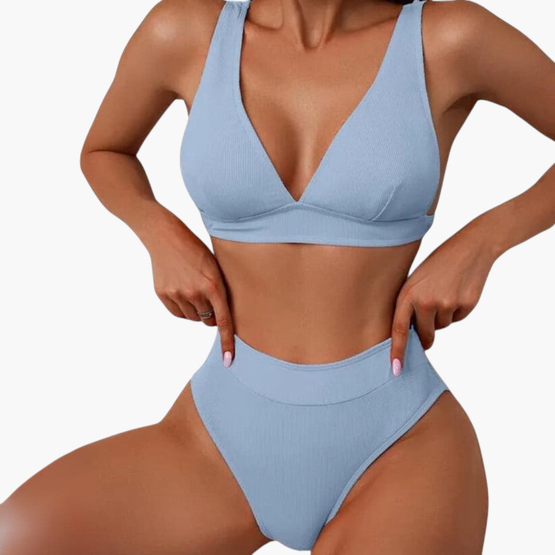 Rina Women's High Waisted Bikini Set | Ribbed V-Neck Top with Wide Straps 2