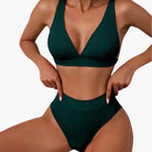 Rina Women's High Waisted Bikini Set | Ribbed V-Neck Top with Wide Straps 3