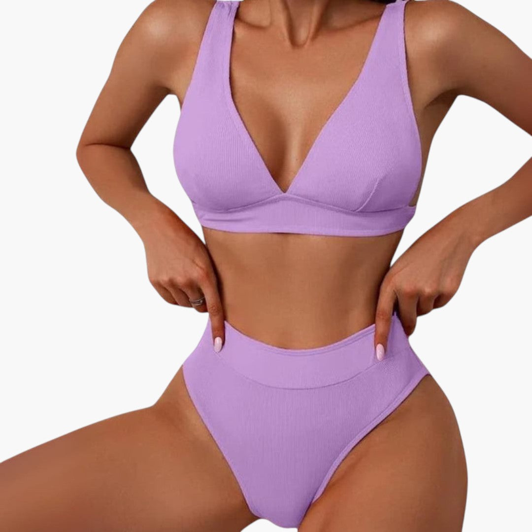 Rina Women's High Waisted Bikini Set | Ribbed V-Neck Top with Wide Straps 4